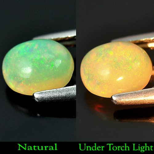 Natural Multi Color Opal 0.83 Ct. Oval Cabochon Shape 7.2 x 6.1 Mm. Unheated Gemstone From Ethiopia: Product ID: 818717944 Product Name: Natural Opal Weight: 0.83 CT. Size: 7.2 x 6.1 x 4 MM. Shape: Oval Cabochon Color: Multi Color Clarity:Semi - Transparent Luster: Good Gems Origin: Ethiopia Treatmen