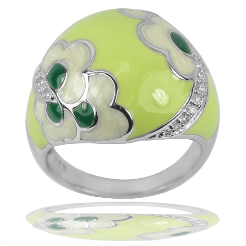 925 Sterling Silver Ring Jewelry Size 8 Green White Flower Enamel Design 5.81 G. (1 of 3)