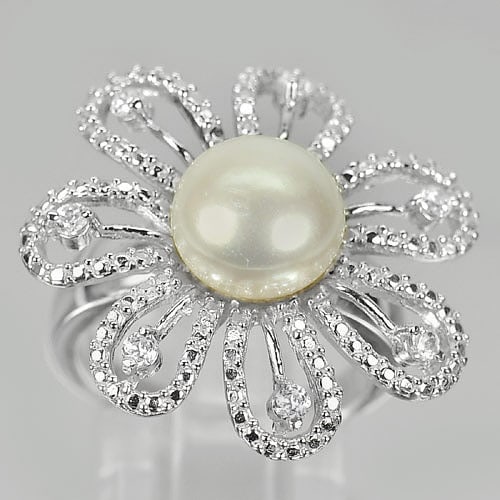Natural White Pearl Round Cabochon And Round White CZ 925 Sterling Silver Flower 7.96 G. Ring Size (1 of 3)