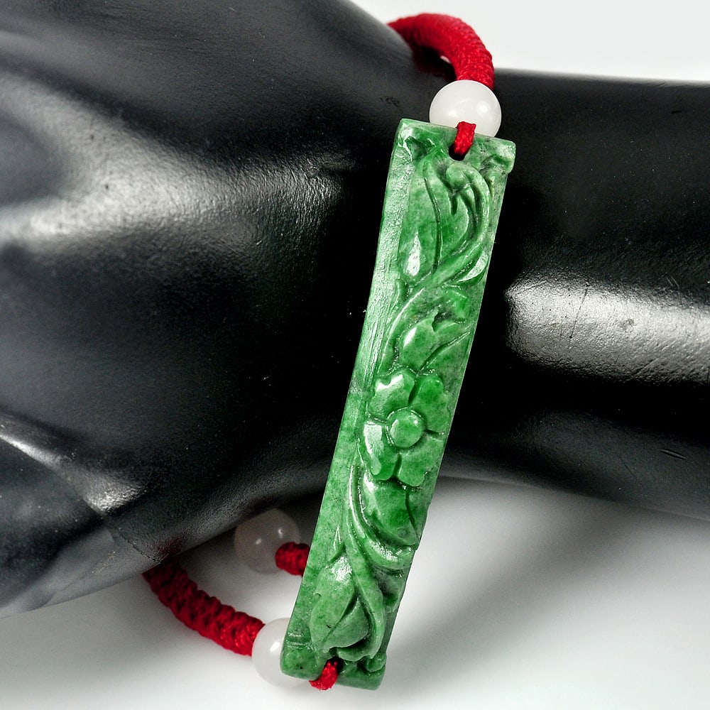 Natural Green Jade 48.68 Ct. Flower Carving Bracelet Adjustable Shape 10 Inch Gemstone From Thailand (1 of 3)
