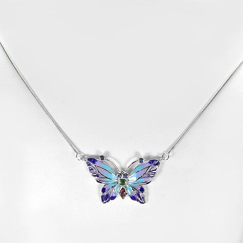 Natural Garnet Butterfly Enamel 925 Sterling Silver Necklace Length 19 Inch. (1 of 3)