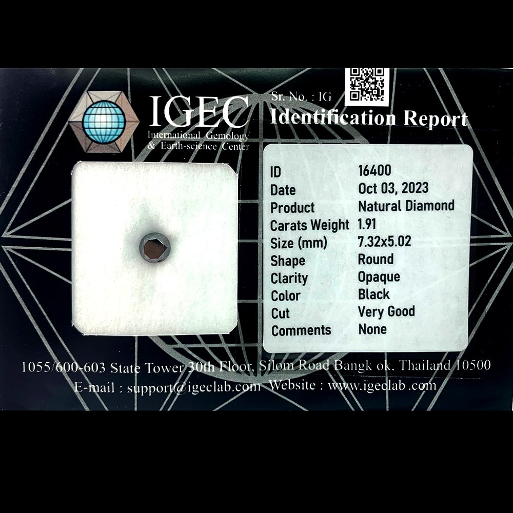 Natural Black Diamond 1.91 Ct. Round Brilliant Cut 7.32 x 5.02 Mm. From Belgium: Product ID: 502100026 Product Name: Natural Enhanced Diamond Weight: 1.91 CT. Size: 7.32 x 5.02 MM. Shape: Round Brilliant Cut Color: black Clarity:Opaque Luster: Good Gems Origin: Belgium Treatment: 