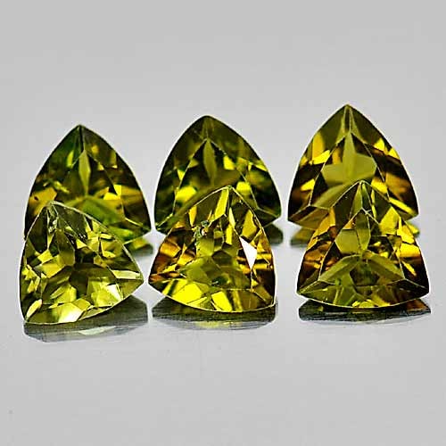 Natural Green Yellow Tourmaline 1.16 Ct. 6 Pcs. Trilliant Shape 4.1 Mm. Gemstone From Nigeria: Product ID: 807248751 Product Name: Natural Tourmaline Weight: 1.16 CT. Size: 4.1 x 4.1 x 2.2 MM. Shape: Trilliant Color: Green Yellow Clarity:VSI Luster: Good Gems Origin: Nigeria Treatment: Unheated