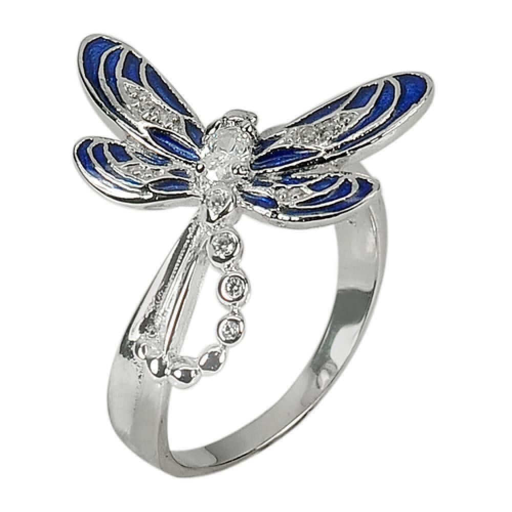 925 Sterling Silver Ring Jewelry Size 7 Nice Blue Dragonfly Design with CZ 5.60 G. (1 of 3)