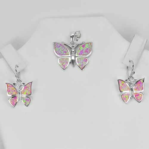 Pink Created Opal Real 925 Sterling Silver 10.99 Grams Sets Butterfly Pendant And Earrings (1 of 3)