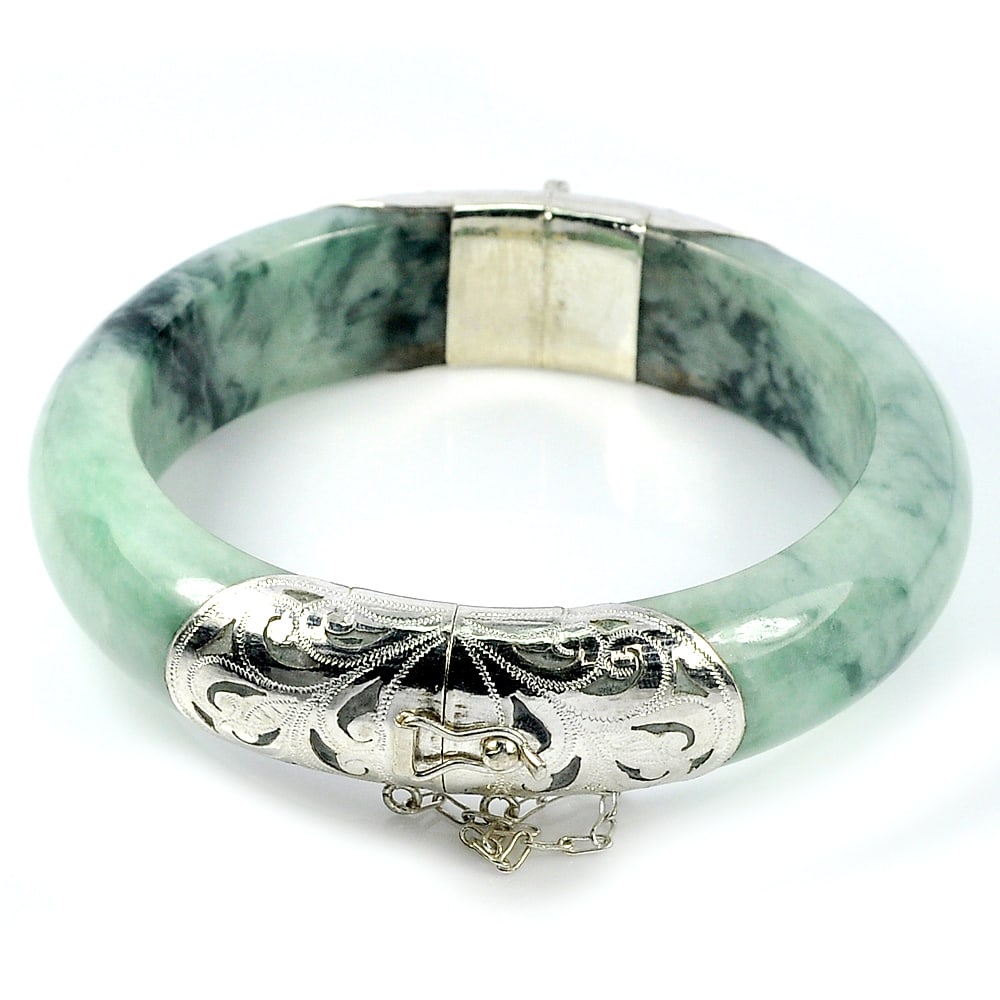 400 Ct. Diameter 60 Mm. Natural Gemstone Green Color Jade Bangle with Silver (1 of 3)