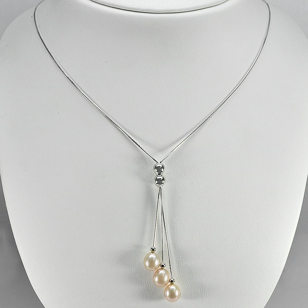 7.06 Grams 925 Sterling Silver Necklace Length 22 Inch. Natural Pink Orange Pearl (1 of 3)