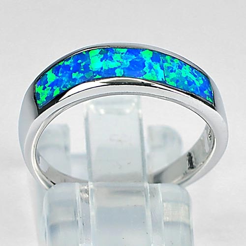 Blue Fire Created Opal Inlay 925 Sterling Silver Ring Jewelry 3.56 G. Size 9 (1 of 3)