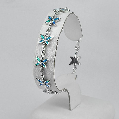 925 Sterling Silver Created Opal Dragonfly Bracelet 7.5 Inch. 11.65 Grams (1 of 3)