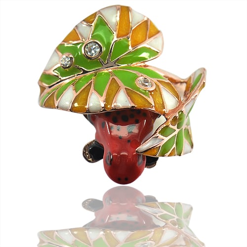 925 Sterling Silver Rose Gold Ring Red Frog and Green Leaf Enamel 9.30 G. Size 9 (1 of 3)