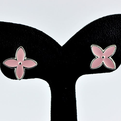 Pink Enamel Flower 925 Sterling Silver Jewelry Stud Earrings 2.37 Grams (1 of 3)
