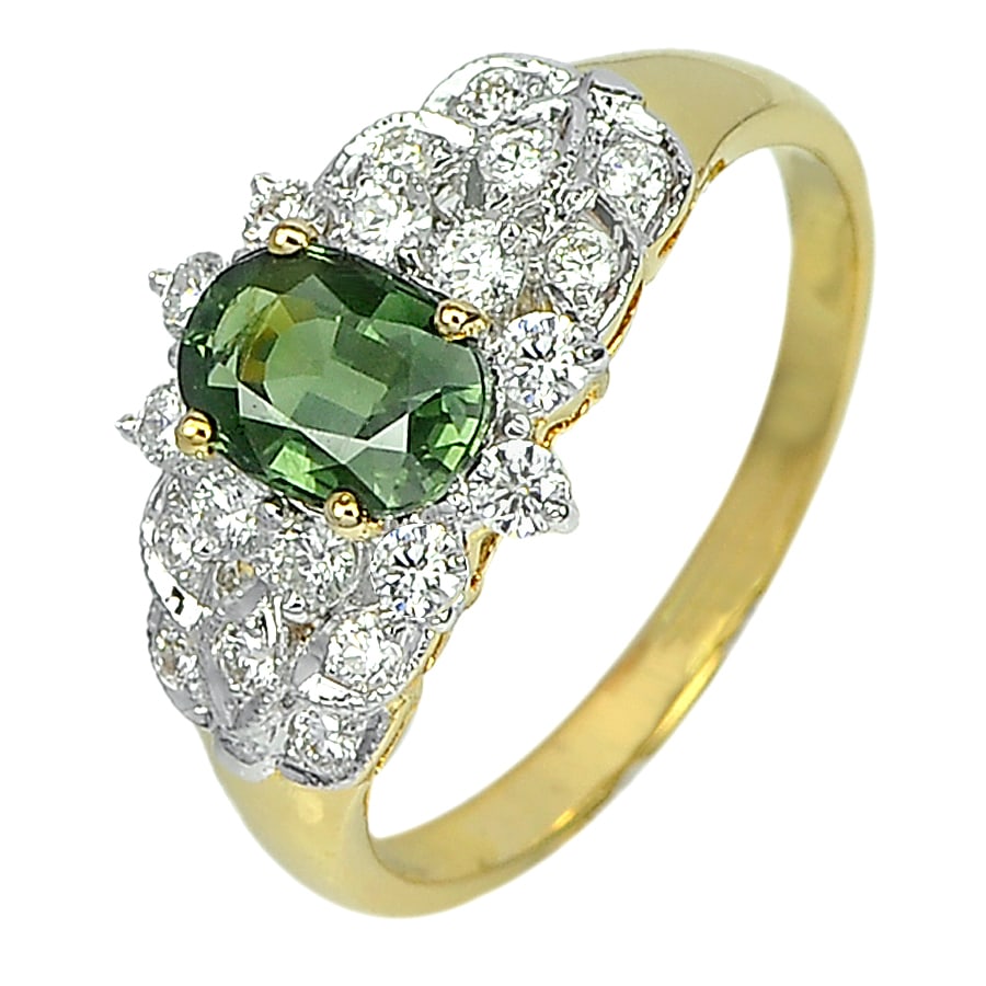 Natural Green Sapphire 1.10 Ct. and Diamond 18K Yellow Gold Ring Jewelry Size 6.5 (1 of 3)