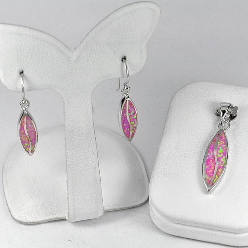 925 Sterling Silver Jewelry Sets Pendant And Earrings Pink Created Opal 7.45 Grams (1 of 3)