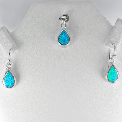 925 Sterling Silver Sets Blue Created Opal Pendant And Earrings 7.64 G. (1 of 3)