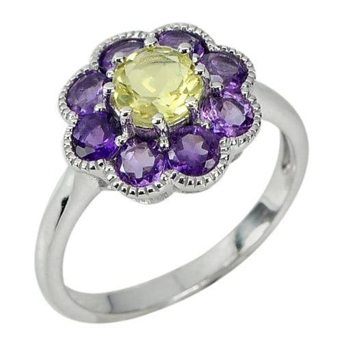 Natural Yellow Lemon Quartz and Amethyst 925 Sterling Silver Ring Jewelry Size 8 (1 of 3)