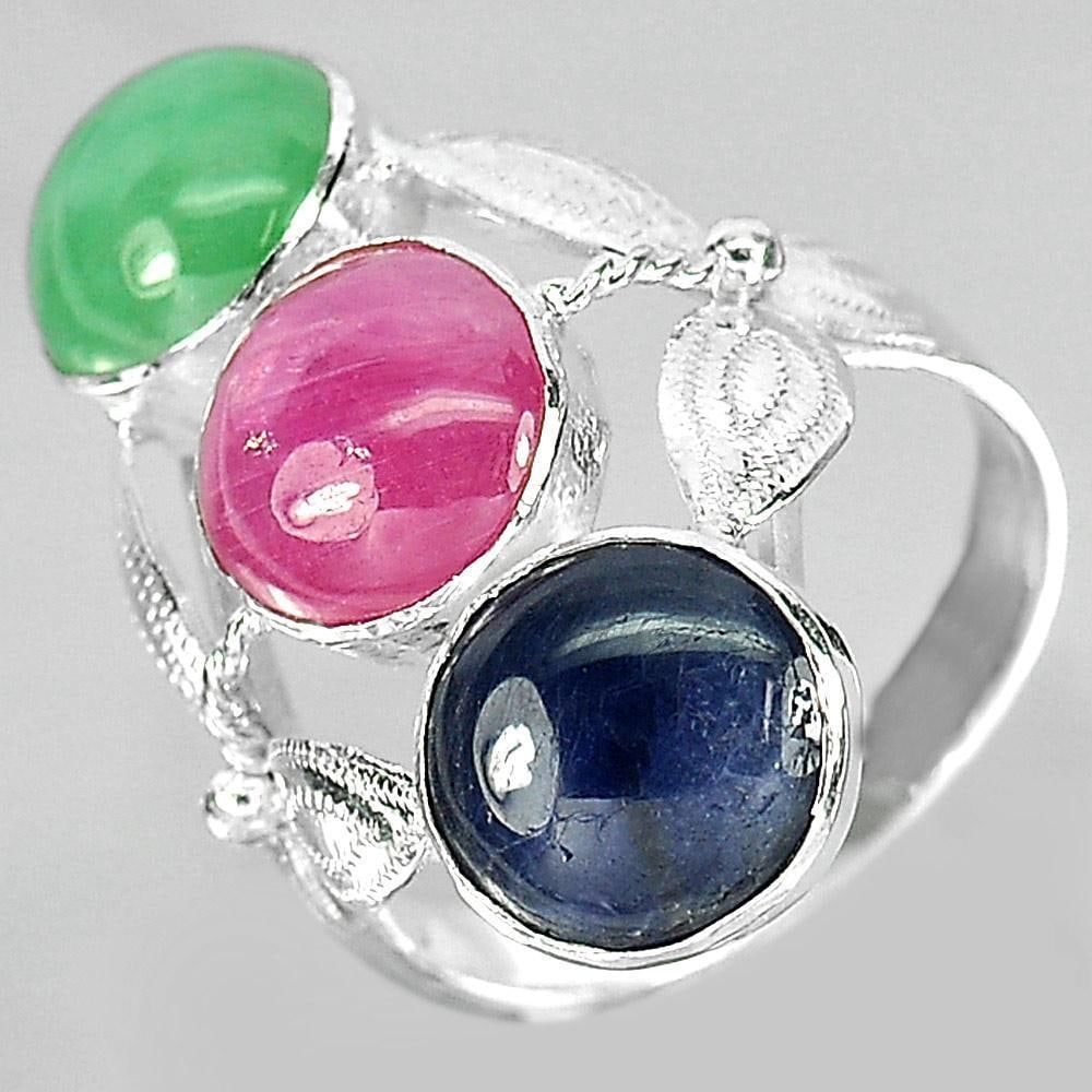 Sterling Silver Ring Jewelry with Natural Gemstone Green Jade Red Ruby Blue Sapphire 4.29 G. Size (1 of 3)