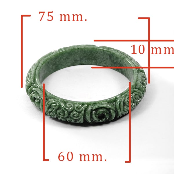 Natural Green Jade Bangle 300.00 Ct. Beautiful Carving Diameter 60 MM. Gemstone From Burma: Product ID: 818102671 Product Name: Natural Gemstones Weight: 300.00 CT. Size: 75 x 60 x 10 MM. Shape: Round Carving Color: Green Clarity:Opaque Luster: Good Gems Origin: Burma Treatment: Unheated Cry