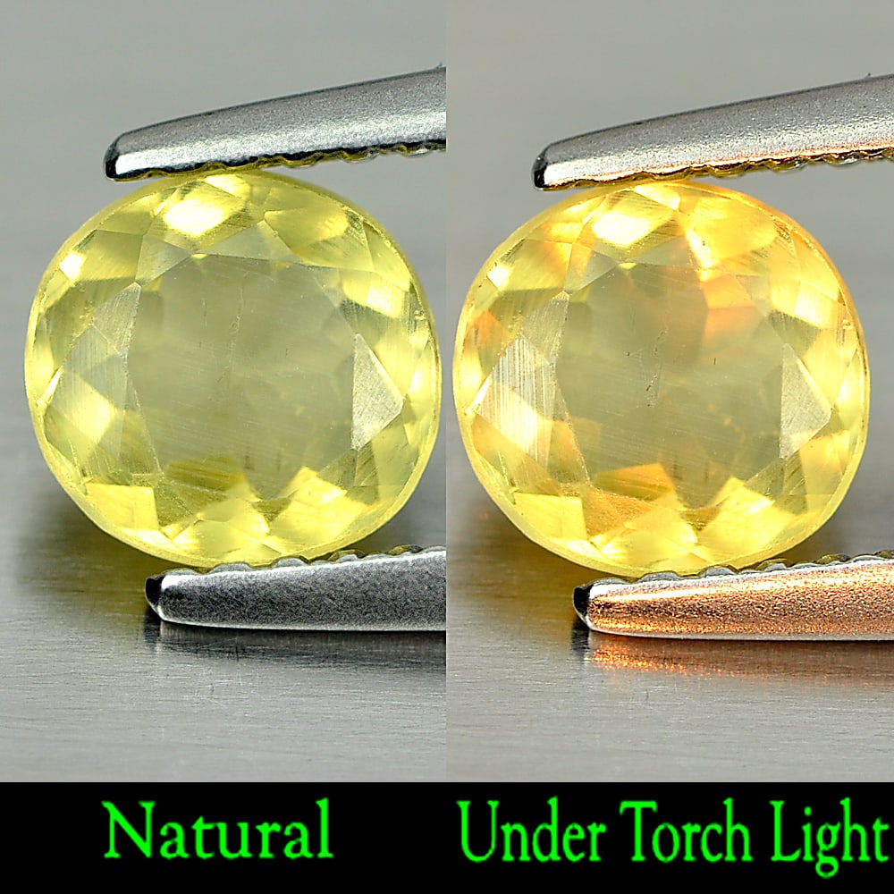 Natural Yellow Green Titanium Sphene With Rainbow Spark 0.85 Ct. Oval Shape 6.1 x 5.9 Mm Gemstone: Product ID: 806507888 Product Name: Natural Sphene Weight: 0.85 CT. Size: 6.1 x 5.9 x 3.2 MM. Shape: Oval Color: Yellow Green With Rainbow Spark Clarity:SI1 Luster: Good Gems Origin: Madagascar Treatm