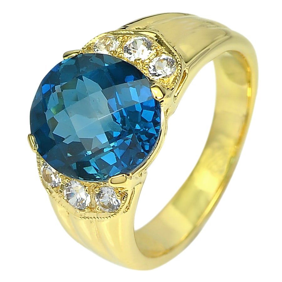 Natural London Blue 4.78 Ct. and White Sapphire 0.30 Ct. 14K Yellow Gold Ring Jewelry 5.80 G. Size (1 of 3)