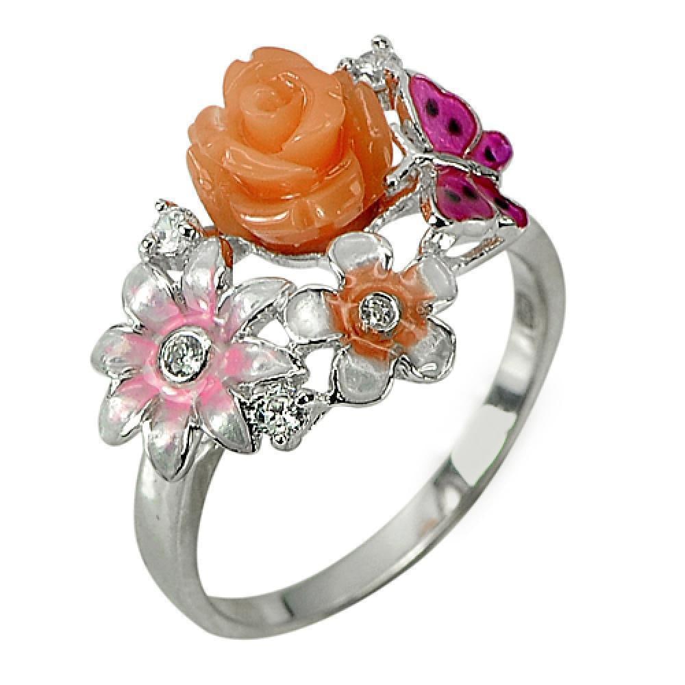 925 Sterling Silver Ring Size 9 Flower Resin Butterfly Enamel Design 4.30 G. (1 of 3)