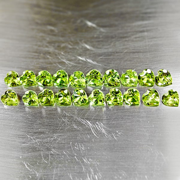 Natural Green Peridot 4.85 Ct. 20 Pcs. VVS Heart Shape 4.1 x 4 Mm. Gemstone From Pakistan: Product ID: 805317004 Product Name: Natural Peridot Weight: 4.85 CT. Size: 4.1 x 4 x 2.2 MM. Shape: Heart Color: Green Clarity:VVS Luster: Good Gems Origin: Pakistan Treatment: Unheated Crystal Struct