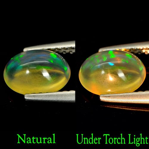 Natural Multi Color Opal 1.07 Ct. Oval Cabochon Shape 8.2 x 6.2 Mm. Unheated Gemstone: Product ID: 818707957 Product Name: Natural Opal Weight: 1.07 CT. Size: 8.2 x 6.2 x 4.1 MM. Shape: Oval Cabochon Color: Multi Color Clarity:Semi - Transparent Luster: Good Gems Origin: Ethiopia Treatm