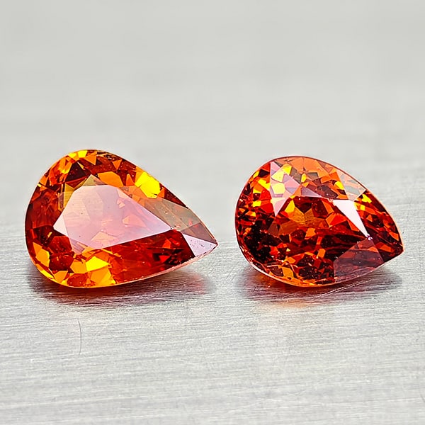 Natural Orangish Red Spessartine Garnet 1.97 Ct. 2 Pcs Pear Shape 7.5 x 5.7 Mm Gemstones From: Product ID: 802936410 Product Name: Natural Spessartine Weight: 1.97 CT. Size: 7.5 x 5.7 x 3 MM. Shape: Pear Shape Color: Orangish Red Clarity:VSI Luster: Good Gems Origin: Nigeria Treatment: Unheated