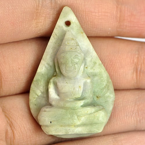 Natural White Green Jade 45.90 Ct. Buddha Carving Gemstone From Thailand: Product ID: 819811973 Product Name: Natural Jade Weight: 45.90 CT. Size: 37 x 24 x 8.9 MM. Shape: Buddha Carving Color: Green Clarity:Opaque Luster: Good Gems Origin: Thailand Treatment: Unheated Crys