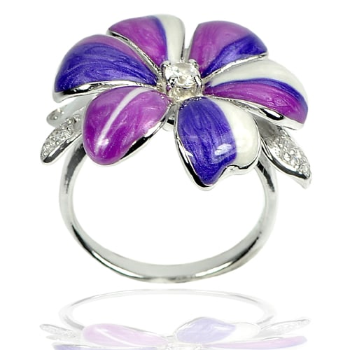 925 Sterling Silver Ring Jewelry Size 6 Beautiful Flower Purple White Enamel Design (1 of 3)