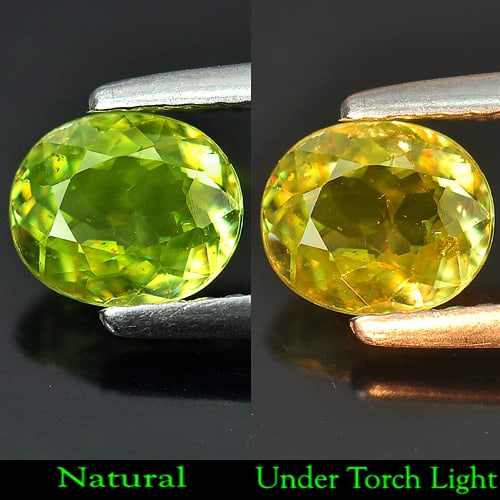 Natural Gem Intense Green Sphene With Rainbow Spark 0.99 Ct. Oval 6.8 x 5.8 Mm.: Product ID: 806503094 Product Name: Natural Sphene Weight: 0.99 CT. Size: 6.8 x 5.8 x 3.2 MM. Shape: Oval Color: Intense Green With Rainbow Spark Clarity:SI Luster: Adamantine Gems Origin: Mardagascar