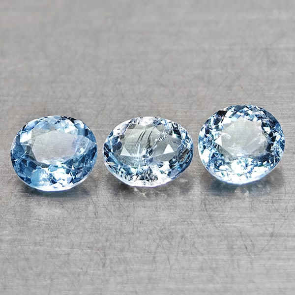 Natural Light Blue Aquamarine 2.24 Ct. 3 Pcs Oval Shape 6.4 x 5.4 Mm Gemstones From Brazil: Product ID: 800812028 Product Name: Natural Aquamarine Weight: 2.24 CT. Size: 6.4 x 5.4 x 3.3 MM. Shape: Oval Shape Color: Light Blue Clarity:VSI Luster: Good Gems Origin: Brazil Treatment: Unheated C