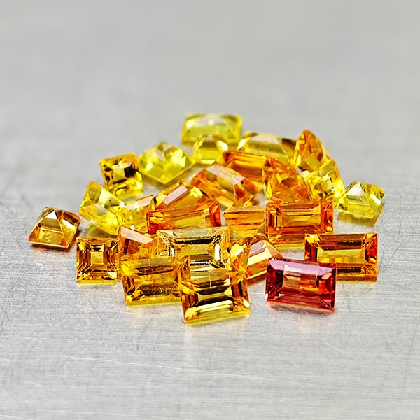 Natural Orange Yellow Sapphire 2.83 Ct. 26 Pcs Mixed Shape 3.5 x 2.1 Mm Gemstones From Tanzania: Product ID: 806161922 Product Name: Natural Fancy Color Sapphire Weight: 2.83 CT. Size: 3.5 x 2.1 x 1.7 MM. Shape: Mixed Shape Color: Orange Yellow Clarity:VSI Luster: Good Gems Origin: Tanzania Treat