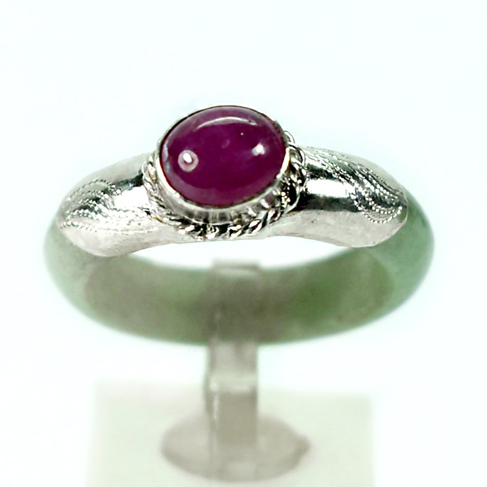Natural Burmese Green Jade 22.15 Ct. Diameter 17 Mm. With Silver Jewelry Ruby Ring Size 8 (1 of 3)