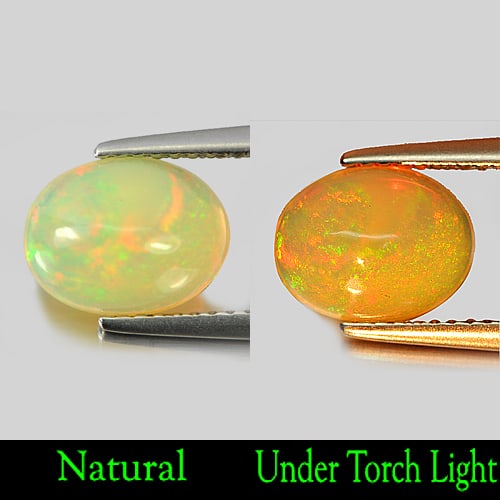 Natural Multi Color Opal 1.44 Ct. Oval Cabochon Shape 9.8 x 7.6 Mm Gemstone From Ethiopia: Product ID: 818712885 Product Name: Natural Opal Weight: 1.44 CT. Size: 9.8 x 7.6 x 4.4 MM. Shape: Oval Cabochon Color: Multi Color Clarity:Semi - Transparent Luster: Strong Iridescent Gems Origin: Et