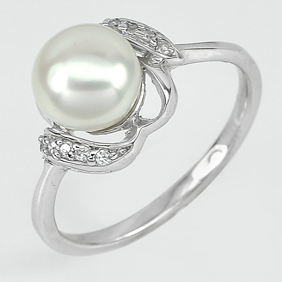 Natural White Pearl 925 Sterling Silver Ring Jewelry 3.35 Grams Size 8 (1 of 3)