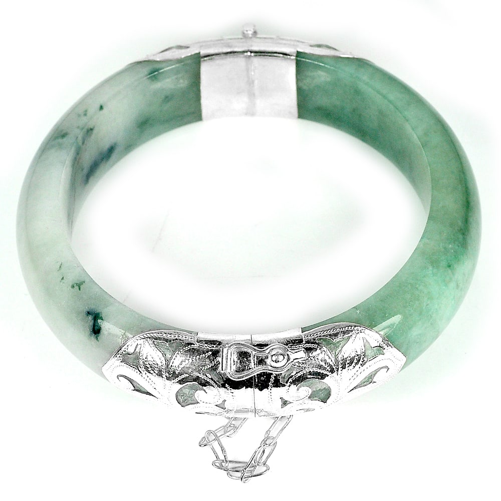 Natural Green White Jade 358.61 Ct. Bangle Diameter 56 Mm. with Silver (1 of 3)