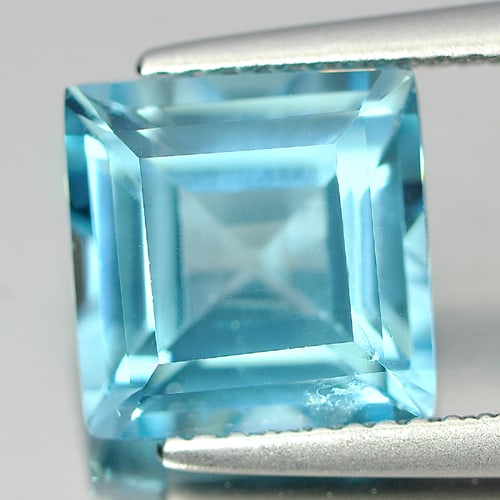 Natural Sky Blue Topaz 4.84 Ct. Square Shape 9.2 x 9.1 Mm Gemstone From Brazil: Product ID: 807165476 Product Name: Natural Blue Topaz Weight: 4.84 CT. Size: 9.2 x 9.1 x 5.9 MM. Shape: Square Color: Blue Clarity:VSI Luster: Good Gems Origin: Brazil Treatment: Treated Crystal Stru