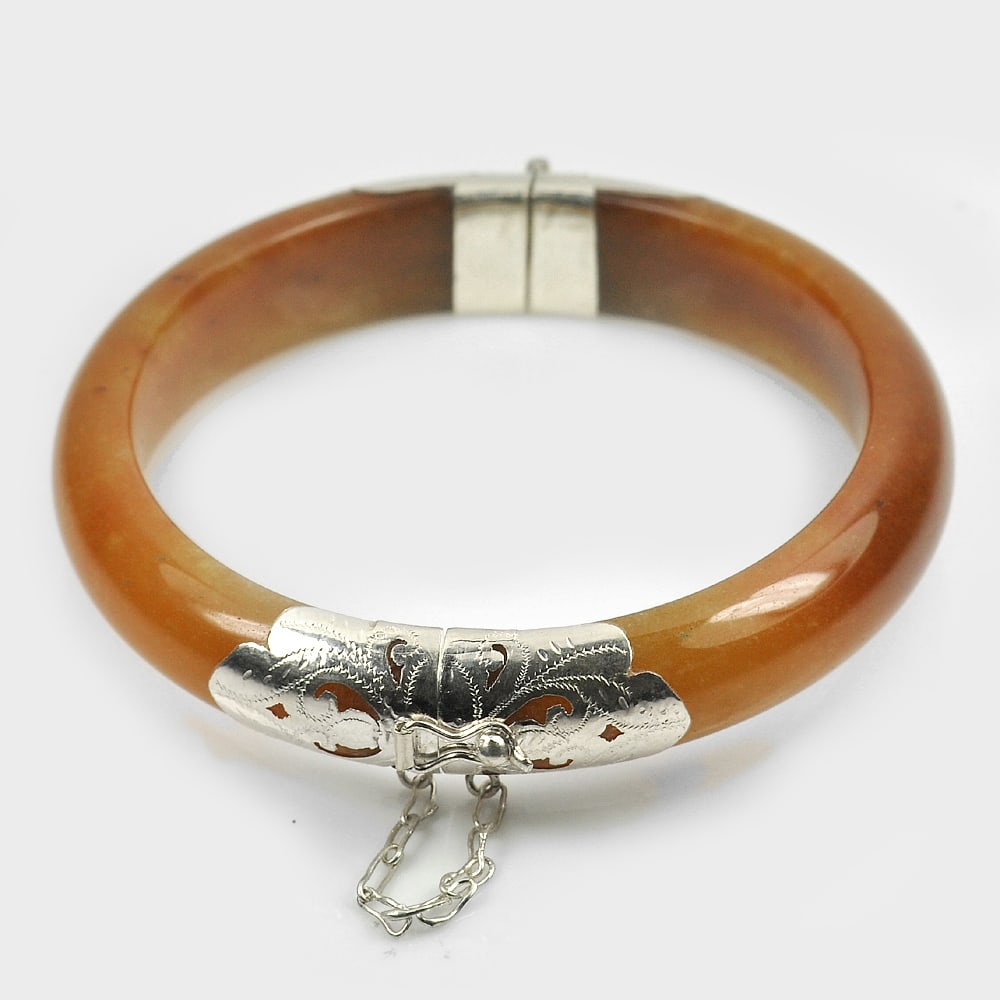 Natural Brown Honey Jade Bangle with Silver 266.84 Ct. Gemstone Size 80 x 65 x 14 Mm. (1 of 3)