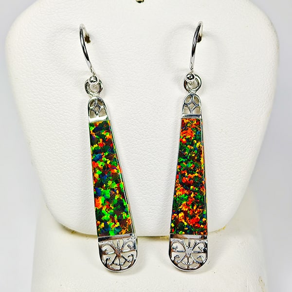 925 Sterling Silver Loop Earrings Jewelry 3.61 Grams With Multi Color Orange Created Opal (1 of 3)
