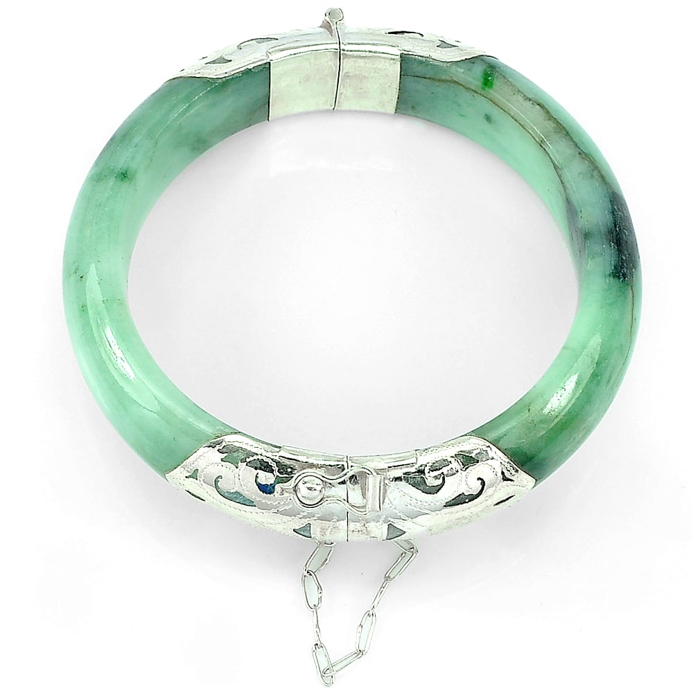Natural Green Jade Bangle 330.10 Ct. with Silver Unheated Gemstone Size 70 x 56 x 15 Mm. (1 of 3)
