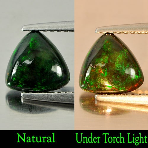 Natural Fire Red Black Opal 0.80 Ct. Trilliant Cabochon Shape 7.6 x 7.5 Mm. Gemstone From Ethiopia: Product ID: 818724384 Product Name: Natural Opal Weight: 0.80 CT. Size: 7.6 x 7.5 x 3 MM. Shape: Trilliant Cabochon Color: Rainbow Fire Red Black Clarity:Semi - Transparent Luster: Iridescent Gems Ori