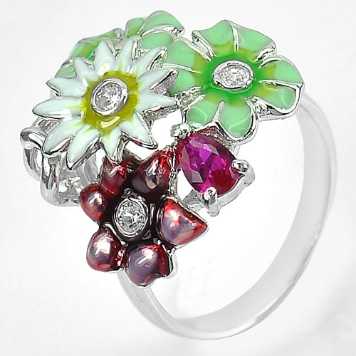 8.61 Grams Beautiful Flower Enamel Design Real 925 Sterling Silver Ring Sz 8 (1 of 3)