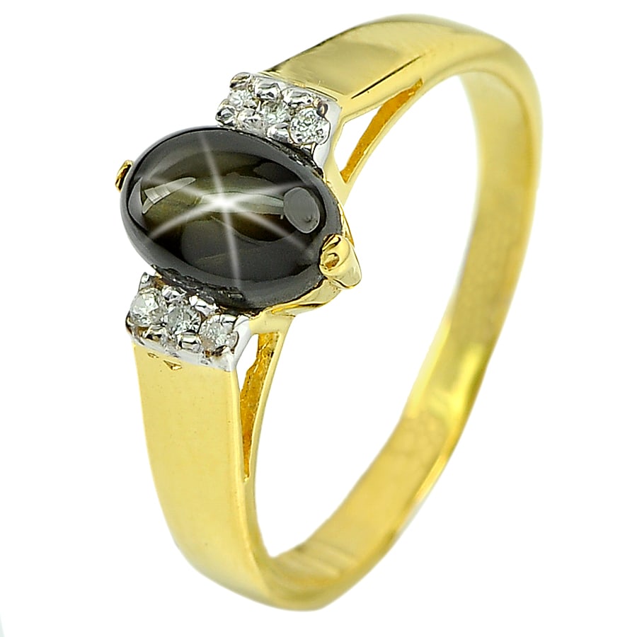 Natural Black Star Sapphire 6 Rays 1.62 Ct. and Diamond 14K Yellow Gold Ring Jewelry Size 6.5 (1 of 3)