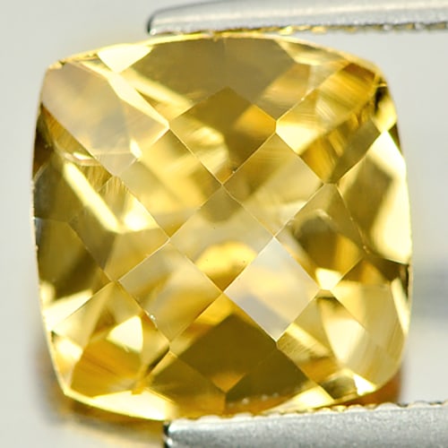 Natural Yellow Citrine 3.59 Ct. Clean Cushion Checkerboard Cut 10 x 9.9 Mm. Gemstone From Brazil: Product ID: 801812778 Product Name: Natural Citrine Weight: 3.59 CT. Size: 10 x 9.9 x 6.3 MM. Shape: Cushion Checkerboard Color: Yellow Clarity:IF Luster: Good Gems Origin: Brazil Treatment: Unheated 