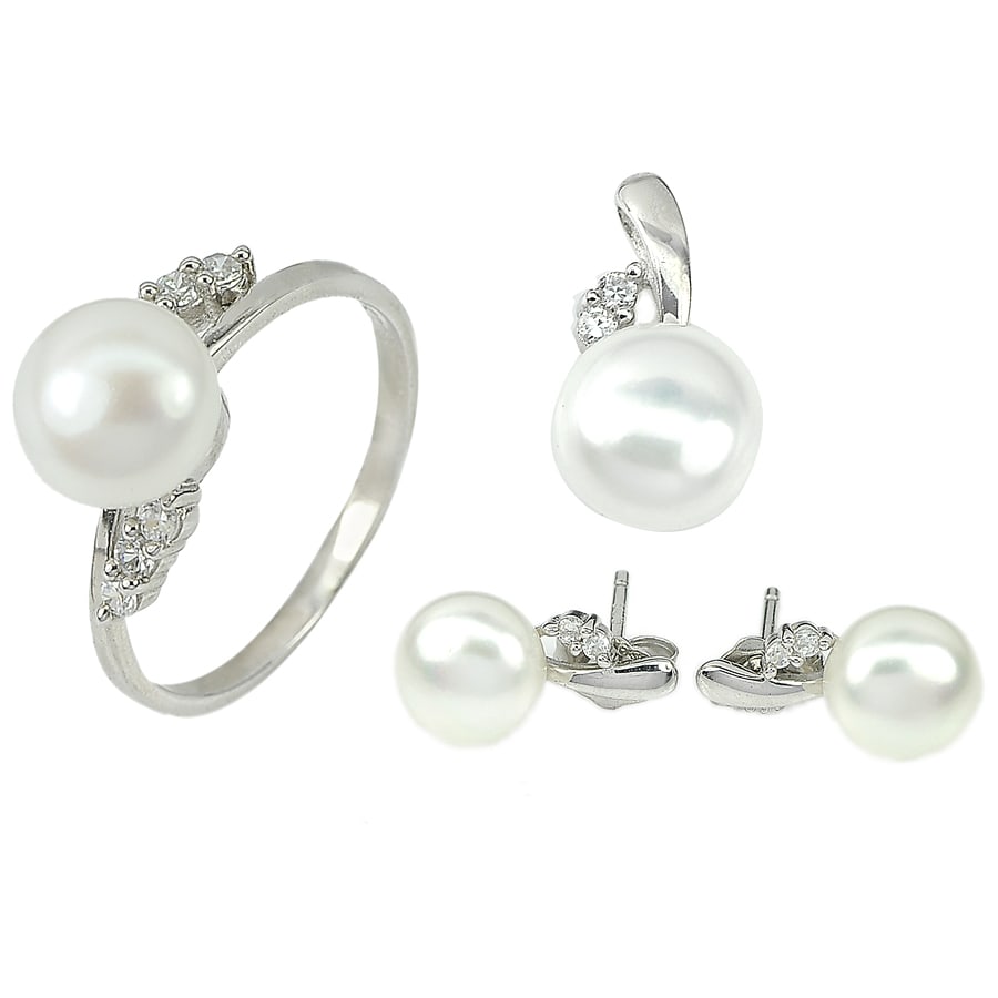 Natural White Pearl 925 Sterling Silver Sets Ring Size 7 Pendant Earrings 5.29 G. (1 of 3)