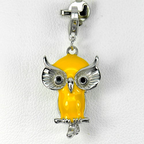 925 Sterling Silver Pendant Jewelry White Gold Plated 3.52 G. Owl Yellow Enamel (1 of 3)