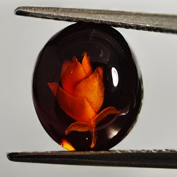 Flower Carving In Natural Brown Yellow Amber 0.68 Ct. Unheated Gemstone From Poland: Product ID: 819090968 Product Name: Natural Amber Weight: 0.68 CT. Size: 9.7 x 8.1 x 3.1 MM. Shape: Oval Cabochon Color: Brown Yellow Clarity:Semi - Transparent Luster: Good Gems Origin: Poland Treatm