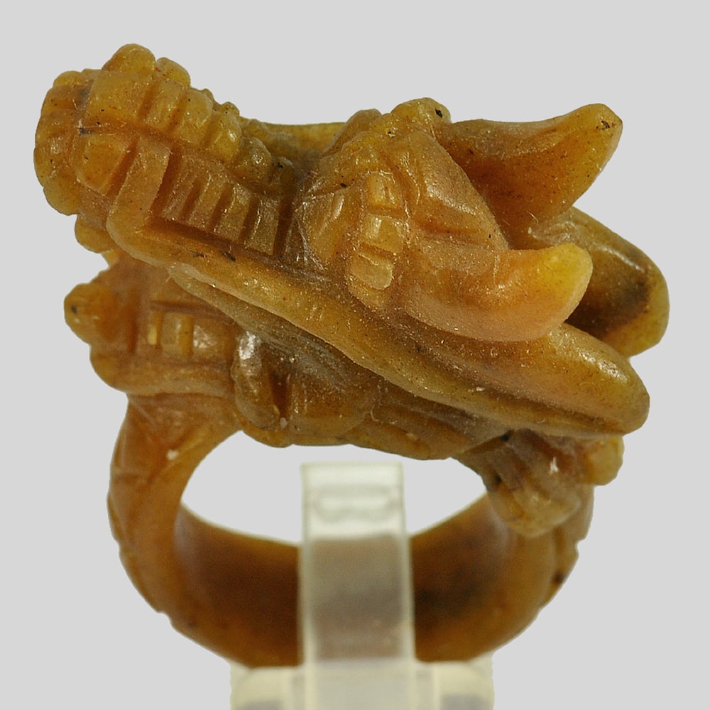 Natural Honey Jade Ring 78.97 Ct. Dragon Carving Size 8 Gemstone Unheated: Product ID: 819814565 Product Name: Natural Jade Weight: 78.97 CT. Size: 42 x 19 MM. Shape: Dragon Color: Brown Clarity:Opaque Luster: Good Gems Origin: Myanmar Treatment: Unheated Crystal Structure: