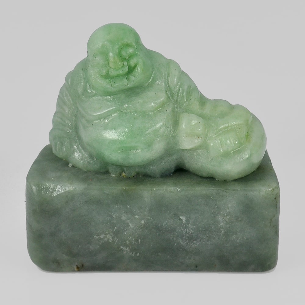 Natural Green Jade 280.52 Ct. Happy Smile Buddha Carving Size 44 x 44 Mm. Gemstone Unheated: Product ID: 819814020 Product Name: Natural Jade Weight: 280.52 CT. Size: 44 x 44 x 16 MM. Shape: Buddha Carving Color: Green Clarity:Opaque Luster: Good Gems Origin: Thailand Treatment: Unheated Crys