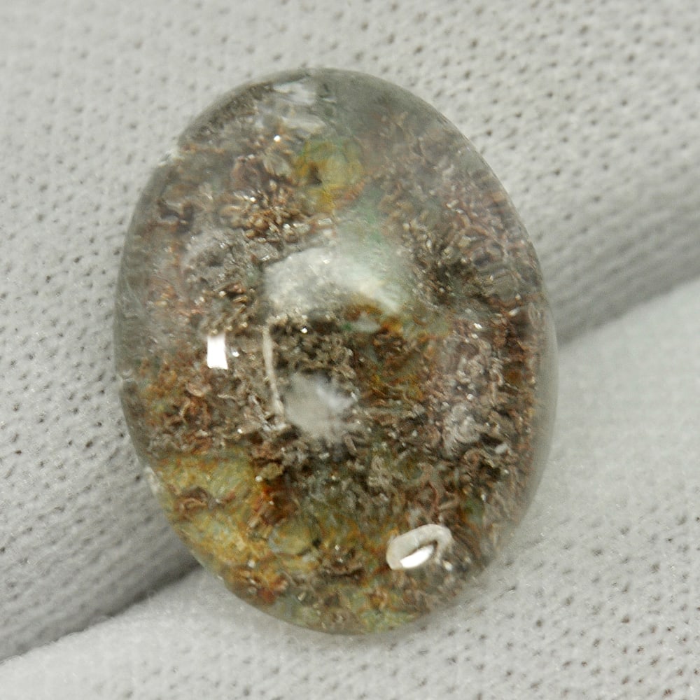 Natural White Brown Moss Quartz 8.37 Ct. Oval Cabochon Shape 15.5 x 11.6 Mm. Gemstone From Thailand: Product ID: 805529501 Product Name: Natural Quartz Weight: 8.37 CT. Size: 15.5 x 11.6 x 6.9 MM. Shape: Oval Cabochon Color: White Clarity:Semi - Transparent Luster: Good Gems Origin: Thailand Treatmen